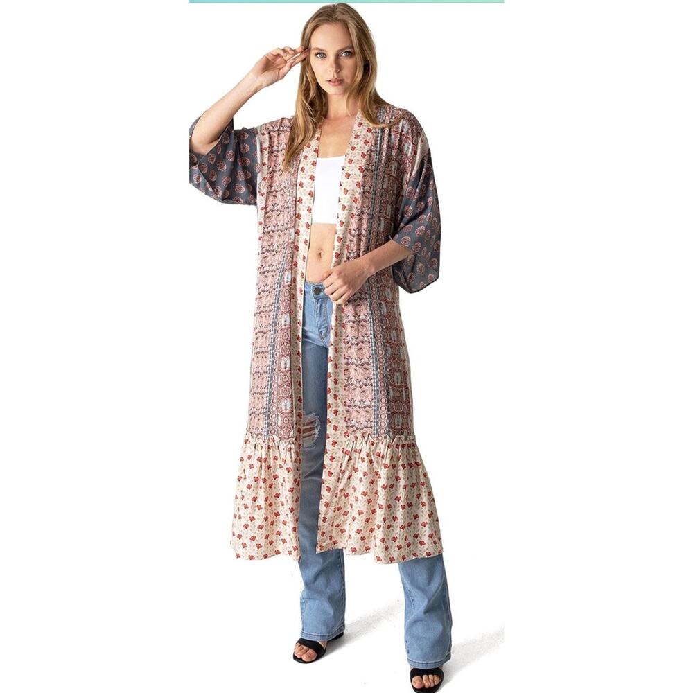 LoveStitch Womens Floral Bohemian Longline Duster Kimono Brand New BB2